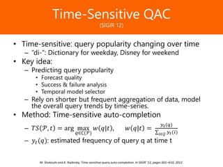 Образец заголовкаTime-Sensitive QAC
(SIGIR 12)
• Time-sensitive: query popularity changing over time
– “di-”: Dictionary for weekday, Disney for weekend
• Key idea:
– Predicting query popularity
• Forecast quality
• Success & failure analysis
• Temporal model selector
– Rely on shorter but frequent aggregation of data, model
the overall query trends by time-series.
• Method: Time-sensitive auto-completion
– 𝑇𝑆 𝒫, 𝑡 = arg max
𝑞∈∁(𝒫)
𝑤 𝑞|𝑡 , 𝑤 𝑞|𝑡 =
𝑦𝑡(𝑞)
𝑖∈𝒬 𝑦𝑡(𝑖)
– 𝑦𝑡(𝑞): estimated frequency of query q at time t
M. Shokouhi and K. Radinsky. Time-sensitive query auto-completion. In SIGIR ’12, pages 601–610, 2012.
 