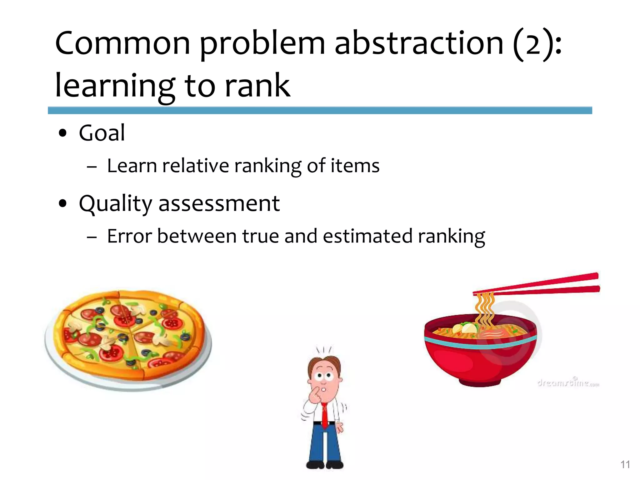 Common problem abstraction (2):
learning to rank
• Goal
– Learn relative ranking of items
• Quality assessment
– Error between true and estimated ranking
11
 