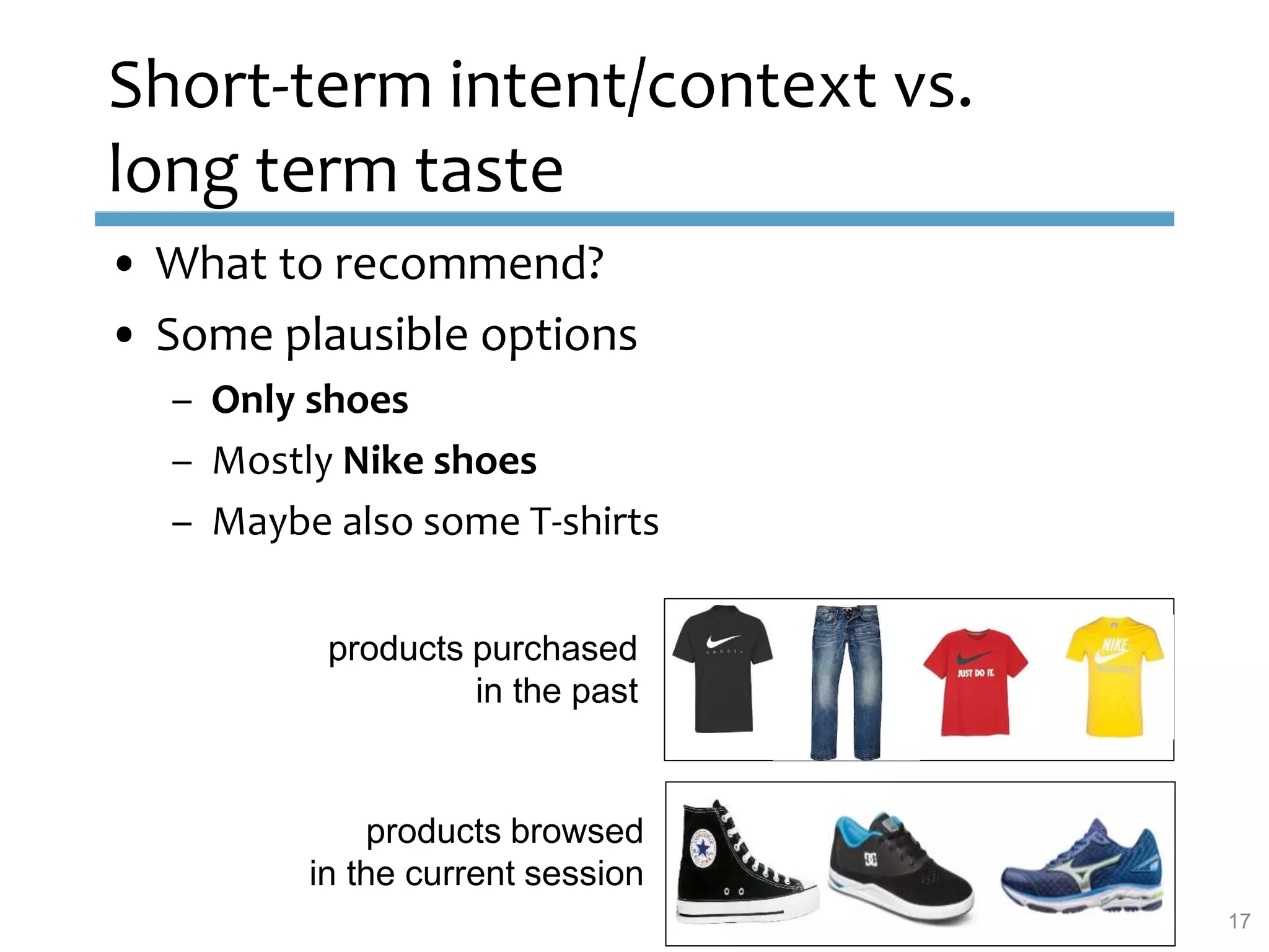 Short-term intent/context vs.
long term taste
• What to recommend?
• Some plausible options
– Only shoes
– Mostly Nike shoes
– Maybe also some T-shirts
17
products purchased
in the past
products browsed
in the current session
 