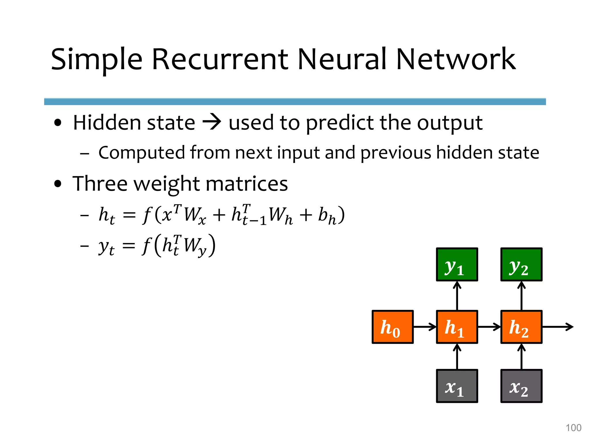 Simple Recurrent Neural Network
• Hidden state  used to predict the output
– Computed from next input and previous hidden state
• Three weight matrices
– ℎ 𝑡 = 𝑓 𝑥 𝑇
𝑊𝑥 + ℎ 𝑡−1
𝑇
𝑊ℎ + 𝑏ℎ
– 𝑦𝑡 = 𝑓 ℎ 𝑡
𝑇
𝑊𝑦
𝒉 𝟎 𝒉 𝟏 𝒉 𝟐
𝒙 𝟏 𝒙 𝟐
𝒚 𝟏 𝒚 𝟐
100
 