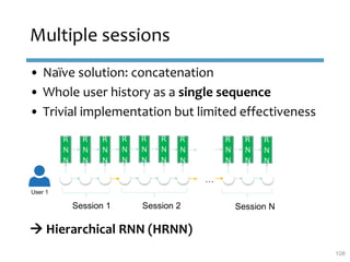 Multiple sessions
• Naïve solution: concatenation
• Whole user history as a single sequence
• Trivial implementation but l...