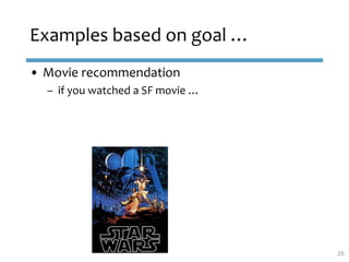 • Movie recommendation
– if you watched a SF movie …
Examples based on goal …
25
 