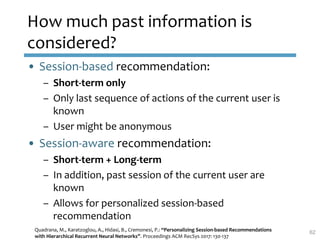 How much past information is
considered?
• Session-based recommendation:
– Short-term only
– Only last sequence of actions...