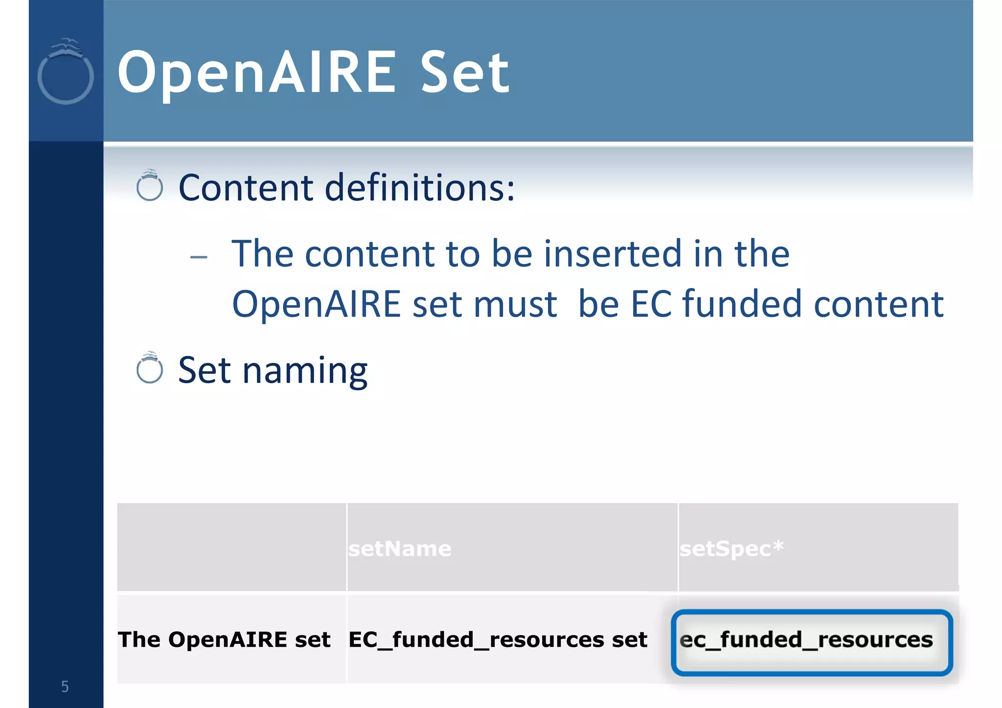 OpenAIRE Set
        Content definitions:
         –   The content to be inserted in the 
             OpenAIRE set must  be EC funded content
        Set naming



                     setName                   setSpec*



    The OpenAIRE set EC_funded_resources set   ec_funded_resources

5
 