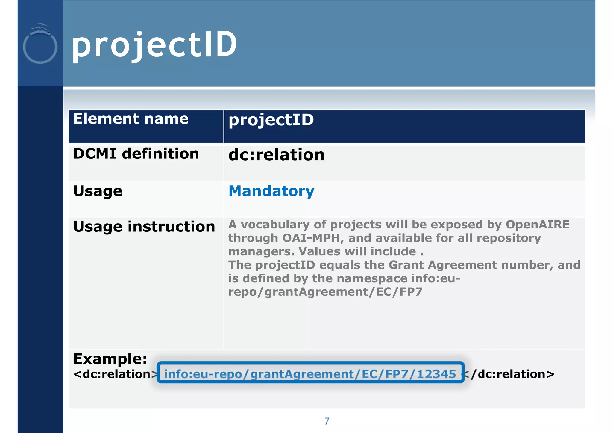 projectID
Element name          projectID

DCMI definition       dc:relation

Usage                 Mandatory

Usage instruction     A vocabulary of projects will be exposed by OpenAIRE
                      through OAI-MPH, and available for all repository
                      managers. Values will include .
                      The projectID equals the Grant Agreement number, and
                      is defined by the namespace info:eu-
                      repo/grantAgreement/EC/FP7




Example:
<dc:relation> info:eu-repo/grantAgreement/EC/FP7/12345 </dc:relation>



                                    7
 