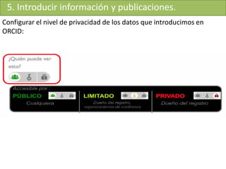 Configurar el nivel de privacidad de los datos que introducimos en
ORCID:
5. Introducir información y publicaciones.
 