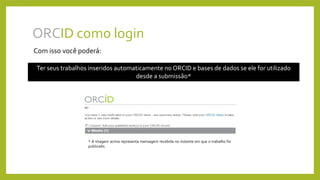 ORCID como login
Com isso você poderá:
Ter seus trabalhos inseridos automaticamente no ORCID e bases de dados se ele for utilizado
desde a submissão*
* A imagem acima representa mensagem recebida no instante em que o trabalho foi
publicado.
 