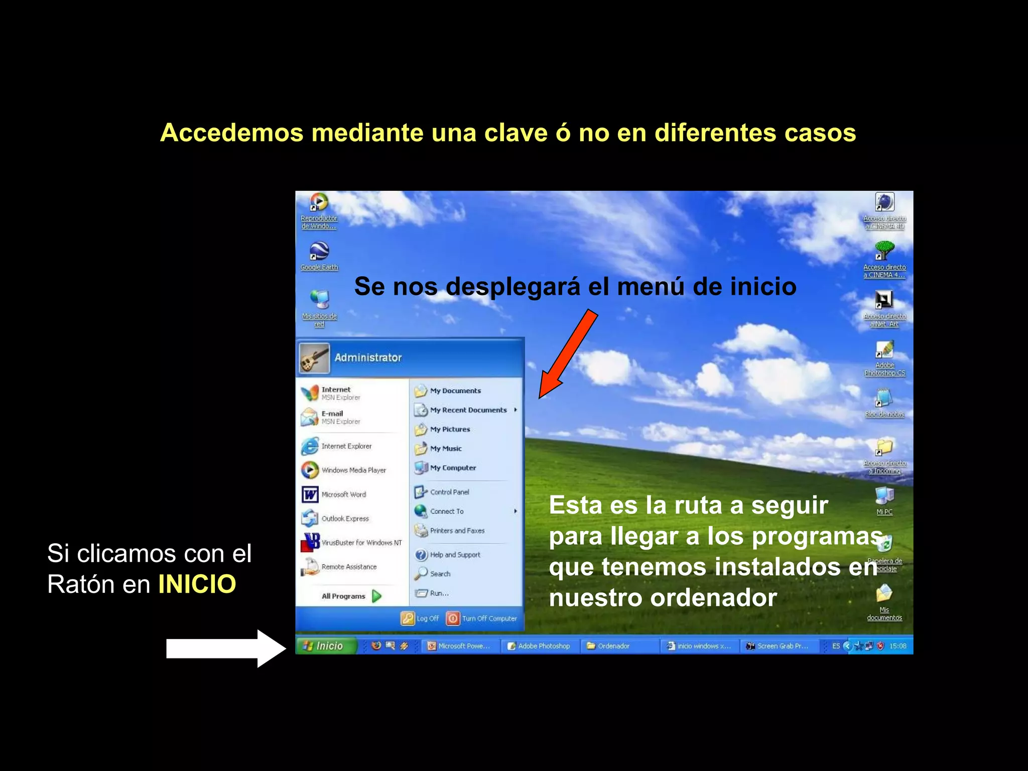 Accedemos mediante una clave ó no en diferentes casos Si clicamos con el Ratón en   INICIO Se nos desplegará el menú de inicio Esta es la ruta a seguir para llegar a los programas que tenemos instalados en nuestro ordenador 