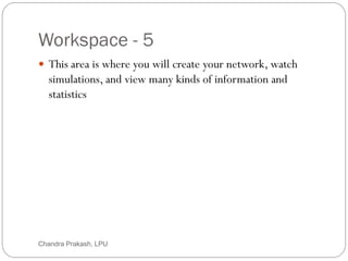 Workspace - 5
12
 This area is where you will create your network, watch
simulations, and view many kinds of information and
statistics
Chandra Prakash, LPU
 