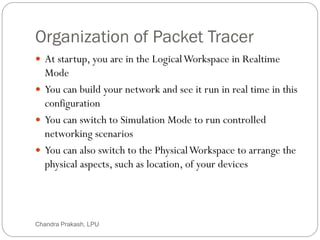 Organization of Packet Tracer
4
 At startup, you are in the LogicalWorkspace in Realtime
Mode
 You can build your network and see it run in real time in this
configuration
 You can switch to Simulation Mode to run controlled
networking scenarios
 You can also switch to the PhysicalWorkspace to arrange the
physical aspects, such as location, of your devices
Chandra Prakash, LPU
 