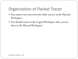 Organization of Packet Tracer
5
 You cannot run your network while you are in the Physical
Workspace
 You should return to the LogicalWorkspace after you are
done in the PhysicalWorkspace
Chandra Prakash, LPU
 