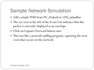 Sample Network Simulation
51
 Add a simple PDU from PC_Prakash to LPU_jalandhar
 The eye icon at the left of the Event List indicates that this
packet is currently displayed as an envelope
 Click on Capture/Forward button once
 This acts like a network sniffing program, capturing the next
event that occurs on the network
Chandra Prakash, LPU
 