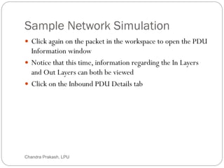 Sample Network Simulation
64
 Click again on the packet in the workspace to open the PDU
Information window
 Notice that this time, information regarding the In Layers
and Out Layers can both be viewed
 Click on the Inbound PDU Details tab
Chandra Prakash, LPU
 