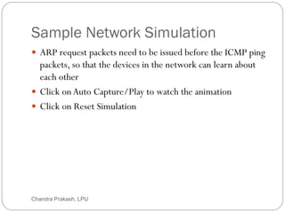 Sample Network Simulation
76
 ARP request packets need to be issued before the ICMP ping
packets, so that the devices in the network can learn about
each other
 Click onAuto Capture/Play to watch the animation
 Click on Reset Simulation
Chandra Prakash, LPU
 