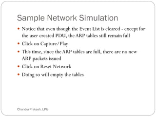 Sample Network Simulation
77
 Notice that even though the Event List is cleared - except for
the user created PDU, theARP tables still remain full
 Click on Capture/Play
 This time, since theARP tables are full, there are no new
ARP packets issued
 Click on Reset Network
 Doing so will empty the tables
Chandra Prakash, LPU
 