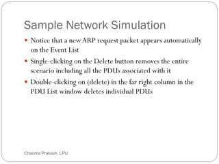 Sample Network Simulation
78
 Notice that a newARP request packet appears automatically
on the Event List
 Single-clicking on the Delete button removes the entire
scenario including all the PDUs associated with it
 Double-clicking on (delete) in the far right column in the
PDU List window deletes individual PDUs
Chandra Prakash, LPU
 