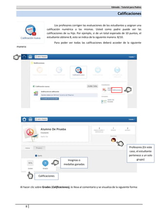 Edmodo - Tutorial para Padres

                                                                                         Calificaciones

                                 Los profesores corrigen las evaluaciones de los estudiantes y asignan una
                         calificación numérica a las mismas. Usted como padre puede ver las
                         calificaciones de su hijo. Por ejemplo, si de un total esperado de 10 puntos, el
                         estudiante obtiene 8, esto se indica de la siguiente manera: 8/10.
                                Para poder ver todas las calificaciones deberá acceder de la siguiente
manera:




                                                                                                    Profesores (En este
                                                                                                    caso, el estudiante
                                                                                                    pertenece a un solo
                                          Insignias o                                                     grupo)
                                        medallas ganadas



                  Calificaciones


  Al hacer clic sobre Grades (Calificaciones), lo lleva al comentario y se visualiza de la siguiente forma:




      8
 