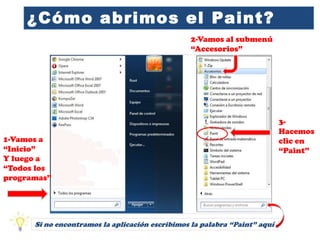 ¿Cómo abrimos el Paint?
1-Vamos a
“Inicio”
Y luego a
“Todos los
programas”
2-Vamos al submenú
“Accesorios”
3-
Hacemos
clic en
“Paint”
Si no encontramos la aplicación escribimos la palabra “Paint” aquí
 