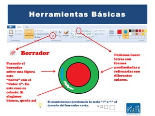 Herramientas Básicas
Borrador Podemos hacer
letras con
formas
prediseñadas y
rellenarlas con
diferentes
colores.
Pasando el
borrador
sobre una figura
este
“borra” con el
“Color 2”. En
este caso es
celeste. Si
elegimos
blanco, queda así. Si mantenemos presionada la tecla “+” o “-” el
tamaño del borrador varía.
 