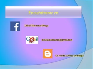 Encuéntrame en
Cristal Mostranzo Ortega
mnietomostranzo@gmail.com
La mente curiosa de magui
 