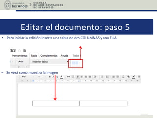 Editar el documento: paso 5
• Para iniciar la edición inserte una tabla de dos COLUMNAS y una FILA
• Se verá como muestra la imagen
 