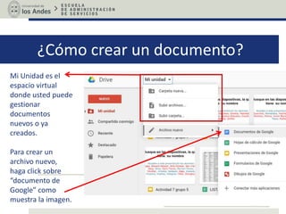 ¿Cómo crear un documento?
“Mi Unidad” es el
espacio virtual
donde usted puede
gestionar
documentos
nuevos o ya
creados.
Para crear un
archivo nuevo,
haga click sobre
“documento de
Google” como
muestra la imagen.
 