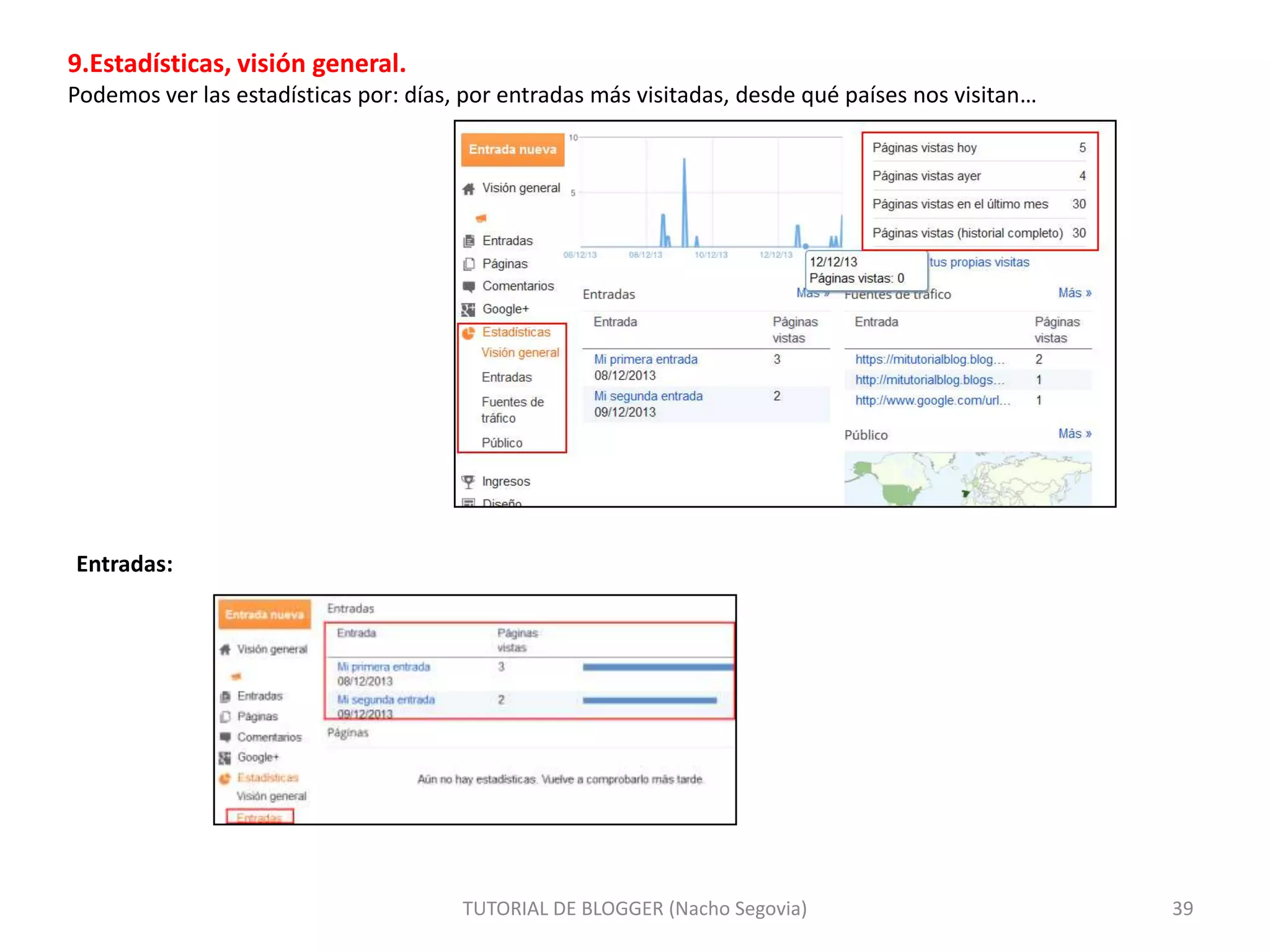 9.Estadísticas, visión general.
Podemos ver las estadísticas por: días, por entradas más visitadas, desde qué países nos visitan…

Entradas:

TUTORIAL DE BLOGGER (Nacho Segovia)

39

 