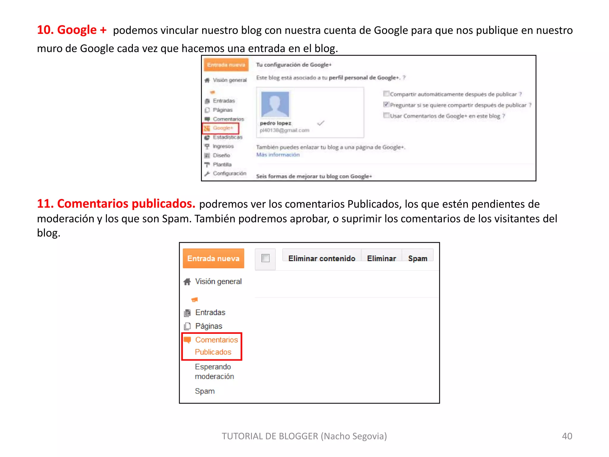 10. Google + podemos vincular nuestro blog con nuestra cuenta de Google para que nos publique en nuestro
muro de Google cada vez que hacemos una entrada en el blog.

11. Comentarios publicados. podremos ver los comentarios Publicados, los que estén pendientes de
moderación y los que son Spam. También podremos aprobar, o suprimir los comentarios de los visitantes del
blog.

TUTORIAL DE BLOGGER (Nacho Segovia)

40

 