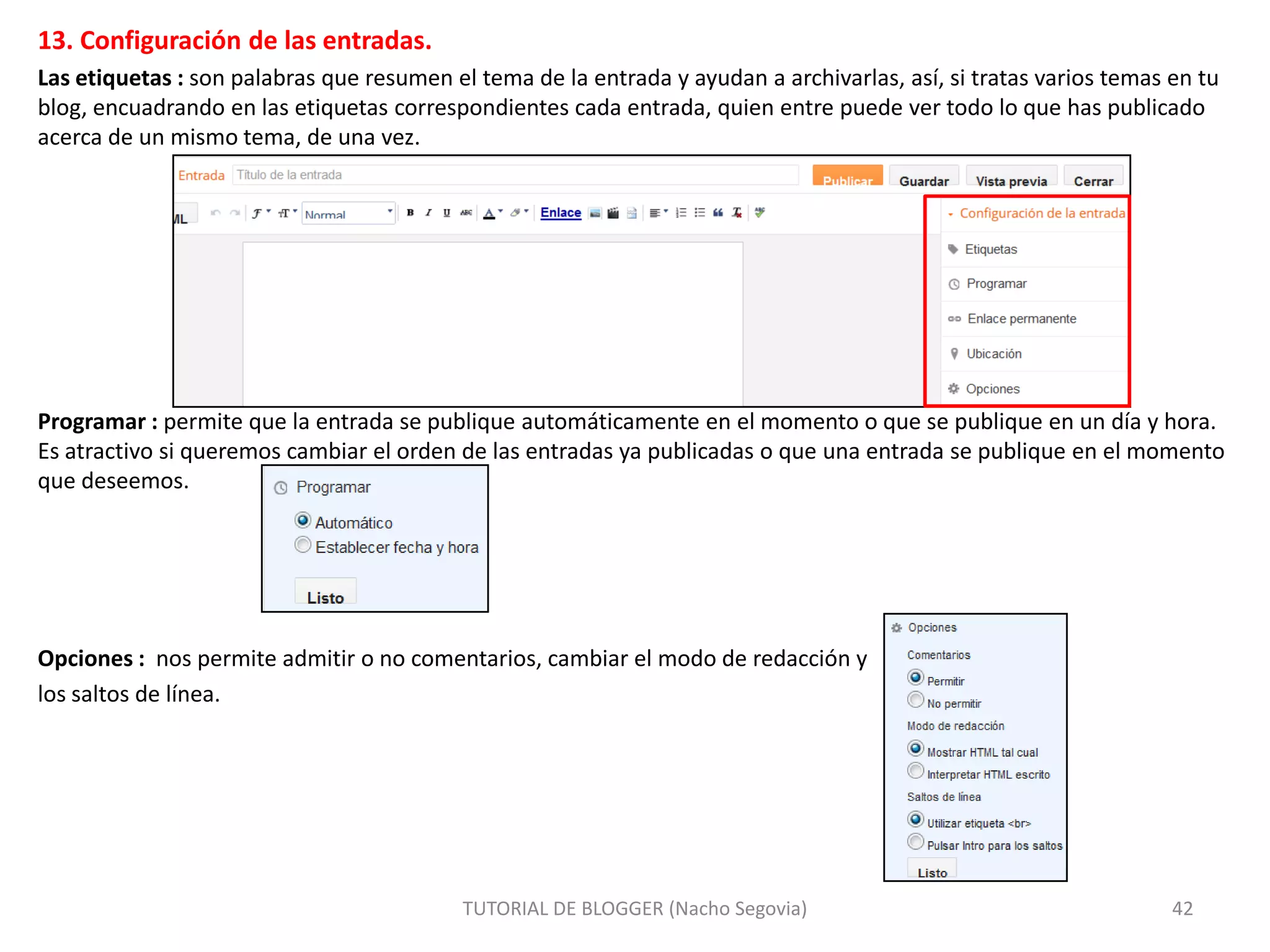 13. Configuración de las entradas.
Las etiquetas : son palabras que resumen el tema de la entrada y ayudan a archivarlas, así, si tratas varios temas en tu
blog, encuadrando en las etiquetas correspondientes cada entrada, quien entre puede ver todo lo que has publicado
acerca de un mismo tema, de una vez.

Programar : permite que la entrada se publique automáticamente en el momento o que se publique en un día y hora.
Es atractivo si queremos cambiar el orden de las entradas ya publicadas o que una entrada se publique en el momento
que deseemos.

Opciones : nos permite admitir o no comentarios, cambiar el modo de redacción y
los saltos de línea.

TUTORIAL DE BLOGGER (Nacho Segovia)

42

 