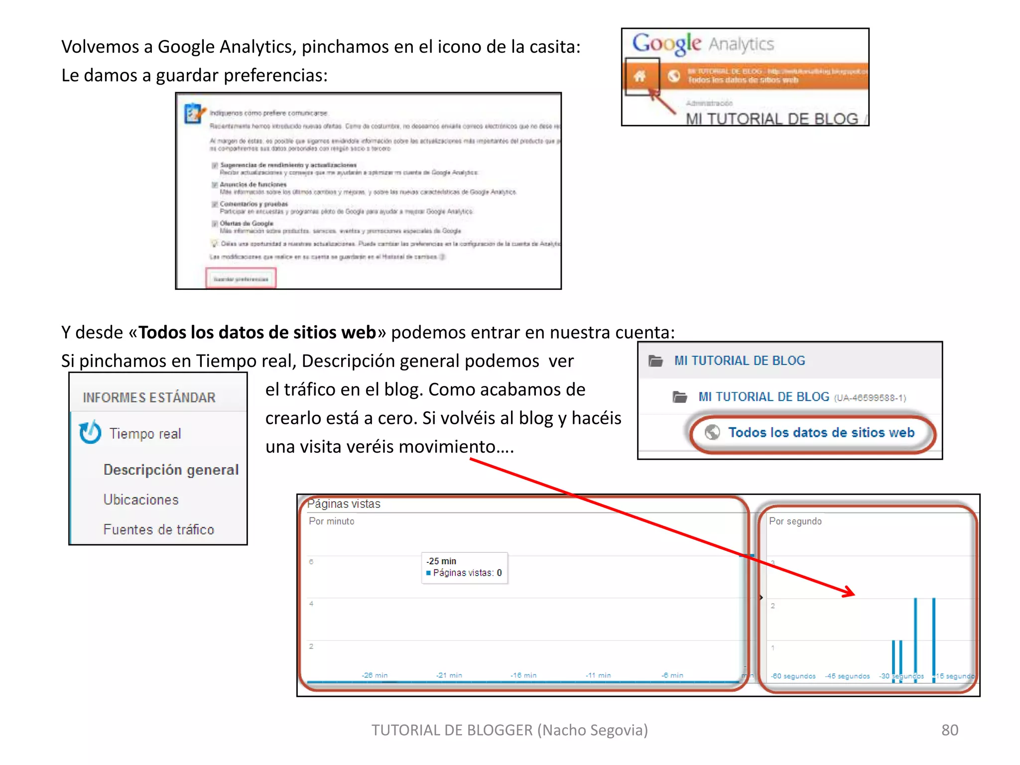 Volvemos a Google Analytics, pinchamos en el icono de la casita:
Le damos a guardar preferencias:

Y desde «Todos los datos de sitios web» podemos entrar en nuestra cuenta:
Si pinchamos en Tiempo real, Descripción general podemos ver
el tráfico en el blog. Como acabamos de
crearlo está a cero. Si volvéis al blog y hacéis
una visita veréis movimiento….

TUTORIAL DE BLOGGER (Nacho Segovia)

80

 