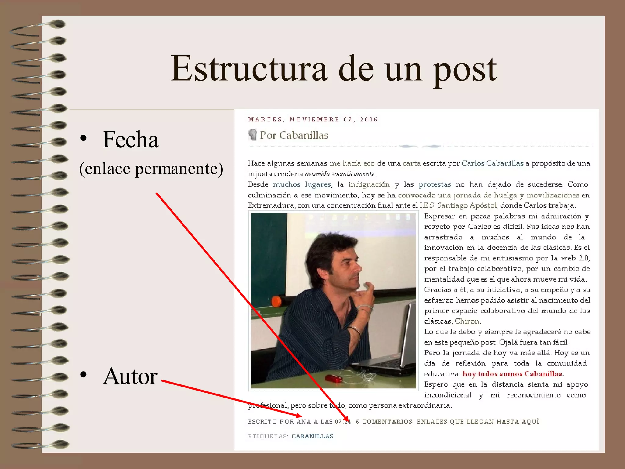 Estructura de un post
• Fecha
(enlace permanente)




• Autor
 