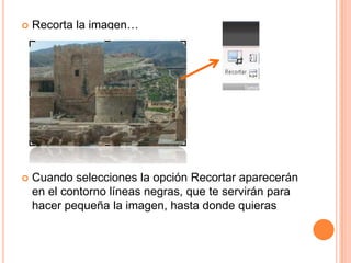    Recorta la imagen…




   Cuando selecciones la opción Recortar aparecerán
    en el contorno líneas negras, que te servirán para
    hacer pequeña la imagen, hasta donde quieras
 