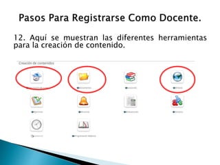 12. Aquí se muestran las diferentes herramientas
para la creación de contenido.
 