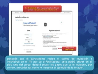 Después que el participante reciba el correo de invitación a
inscribirse en el AV por su e-Facilitadora, este podrá entrar en el
sitio web del curso, deberá seguir los pasos que se le indiquen, por
correo, proceder tal como lo muestra el ejemplo de la imagen.
 