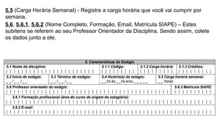 5.5 (Carga Horária Semanal) - Registre a carga horária que você vai cumprir por
semana.
5.6, 5.6.1, 5.6.2 (Nome Completo, Formação, Email, Matrícula SIAPE) – Estes
subitens se referem ao seu Professor Orientador da Disciplina. Sendo assim, colete
os dados junto a ele.
 