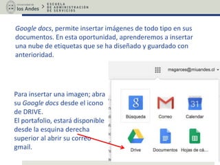 Para insertar una imagen; abra
su Google docs desde el icono
de DRIVE.
El portafolio, estará disponible
desde la esquina derecha
superior al abrir su correo
gmail.
Google docs, permite insertar imágenes de todo tipo en sus
documentos. En esta oportunidad, aprenderemos a insertar
una nube de etiquetas que se ha diseñado y guardado con
anterioridad.
 