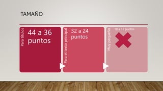 TAMAÑO
Para
títulos
44 a 36
puntos
Para
el
texto
principal
32 a 24
puntos
Muy
pequeño
18 a 12 puntos
 
