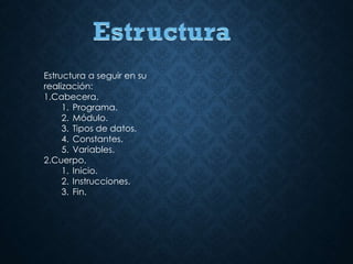 Estructura a seguir en su
realización:
1.Cabecera.
1. Programa.
2. Módulo.
3. Tipos de datos.
4. Constantes.
5. Variables.
2.Cuerpo.
1. Inicio.
2. Instrucciones.
3. Fin.
 
