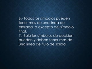 6.- Todos los símbolos pueden
tener mas de una línea de
entrada, a excepto del símbolo
final.
7.- Solo los símbolos de decisión
pueden y deben tener mas de
una línea de flujo de salida.
 