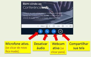 Microfone ativo.
[se clicar de novo
fica mudo].
Desativar
áudio
Webcam
ativa [se
clicar para].
Compartilhar
sua tela
 