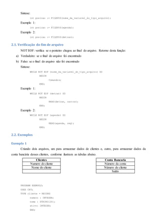Sintaxe:
int posicao := FILEPOS(nome_da_variavel_do_tipo_arquivo);
Exemplo 1:
int posicao := FILEPOS(agenda);
Exemplo 2:
int posicao := FILEPOS(detran);
2.1. Verificação do fim de arquivo
NOT EOF: verifica se o ponteiro chegou ao final do arquivo. Retorno desta função:
a) Verdadeiro: se o final do arquivo foi encontrado
b) Falso: se o final do arquivo não foi encontrado
Sintaxe:
WHILE NOT EOF (nome_da_variavel_do_tipo_arquivo) DO
BEGIN
Comandos;
END;
Exemplo 1:
WHILE NOT EOF (detran) DO
BEGIN
READ(detran, carros);
END;
Exemplo 2:
WHILE NOT EOF (agenda) DO
BEGIN
READ(agenda, reg);
END;
2.2. Exemplos
Exemplo 1
Criando dois arquivos, um para armazenar dados de clientes e, outro, para armazenar dados da
conta bancária desses clientes, conforme ilustram as tabelas abaixo.
Clientes Conta Bancaria
Numero do cliente Número da conta
Nome do cliente Número do cliente
Saldo
PROGRAM EXEMPLO;
USES CRT;
TYPE cliente = RECORD
numero : INTEGER;
nome : STRING[20];
ativo: INTEGER;
END;
 