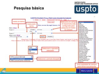 Pesquisa básica
Insira um termo Selecione um campo.
O mecanismo está
configurado para
pesquisa em todos
os campos
Selecione o período desejado
Selecione o operador
adequado
Insira outro
termo
Menu tutorial
Uma variedade de campos
para refinar sua pesquisa.
 