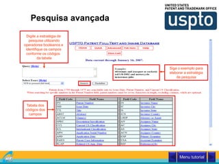 Pesquisa avançada
Digite a estratégia de
pesquisa utilizando
operadores booleanos e
identifique os campos
conforme os códigos
da tabela
Siga o exemplo para
elaborar a estratégia
de pesquisa
Tabela dos
códigos dos
campos
Menu tutorial
 