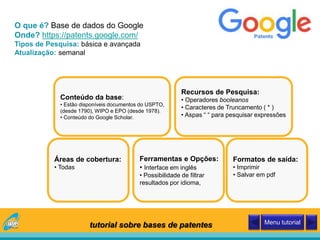 O que é? Base de dados do Google
Onde? https://patents.google.com/
Tipos de Pesquisa: básica e avançada
Atualização: semanal
Conteúdo da base:
• Estão disponíveis documentos do USPTO,
(desde 1790), WIPO e EPO (desde 1978).
• Conteúdo do Google Scholar.
Áreas de cobertura:
• Todas
Recursos de Pesquisa:
• Operadores booleanos
• Caracteres de Truncamento ( * )
• Aspas “ “ para pesquisar expressões
Ferramentas e Opções:
• Interface em inglês
• Possibilidade de filtrar
resultados por idioma,
Formatos de saída:
• Imprimir
• Salvar em pdf
tutorial sobre bases de patentes Menu tutorial
 