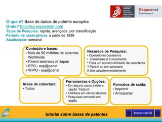 O que é? Base de dados de patente européia
Onde? http://ep.espacenet.com
Tipos de Pesquisa: rápida, avançada, por classificação
Período de abrangência: a partir de 1836
Atualização: semanal
Conteúdo e bases:
• Mais de 90 milhões de patentes
Worldwide
• Patent abstracts of Japan
• EPO - esp@cenet
• WIPO - esp@cenet
Áreas de cobertura:
• Todas
Recursos de Pesquisa:
• Operadores booleanos
• Caracteres e truncamento
* Para um número ilimitado de caracteres
? Para 0 ou um caractere
# Um caractere exatamente
Ferramentas e Opções:
• Em alguns casos existe a
opção “traduzir
• Interface em vários idiomas
• Pesquisas somente em
inglês
Formatos de saída:
• Imprimir
• Armazenar
tutorial sobre bases de patentes Menu tutorial
 