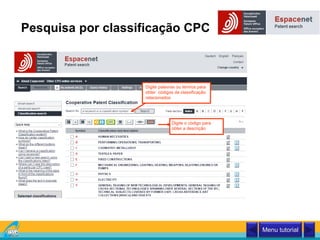 Pesquisa por classificação CPC
Digite palavras ou termos para
obter códigos de classificação
relacionados
Digite o código para
obter a descrição
Menu tutorial
 