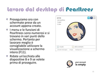 Proseguiamo ora con
schermate prese da un
account appena creato.
I menu e le funzioni di
Pearltrees sono numerosi e si
trovano in vari punti dello
schermo. Pertanto per
lavorare meglio è
consigliabile utilizzare la
visualizzazione a schermo
intero (F11).
Ridate un’occhiata alle
diapositive 8 e 9 se volete
prima di proseguire.

                                15
 