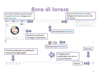 Qui trovate tutti gli strumenti relativi                                             Ricerca di altri Pearltrees e menu
ai vostri Pearltrees o all’aggiunta di                                               dettagliato del vostro account e dei
altri Pearltrees                                                                     vari setting .




                                                                Scorrimento del Pearltree
                               Notifiche o commenti,
                               messaggi e condivisione



                                                         Root del vostro Pearltree
                                                                                                             Zooming
Strumenti di gestione e condivisione
velocemente raggiungibili
                                                                       Il background è
                                                                       modificabile solo con un
                                                                       account Premium.

                                                                                               Cestino



                                                                                                                        16
 