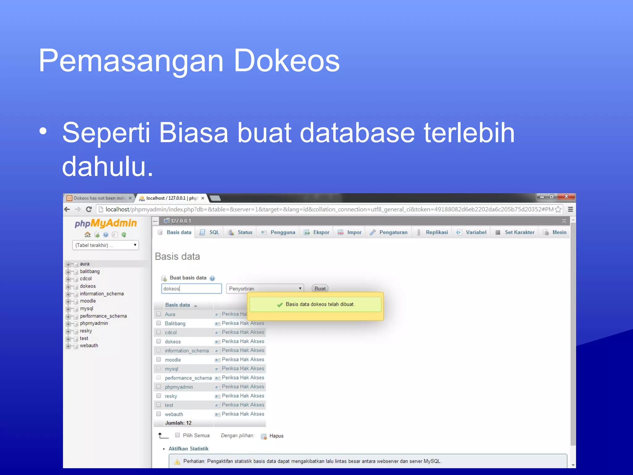 Pemasangan Dokeos
• Seperti Biasa buat database terlebih
dahulu.
 