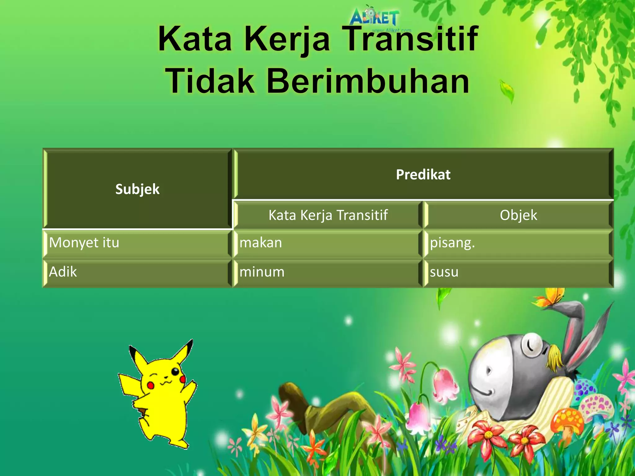 Predikat
         Subjek
                     Kata Kerja Transitif                 Objek
Monyet itu        makan                         pisang.
Adik              minum                         susu
 